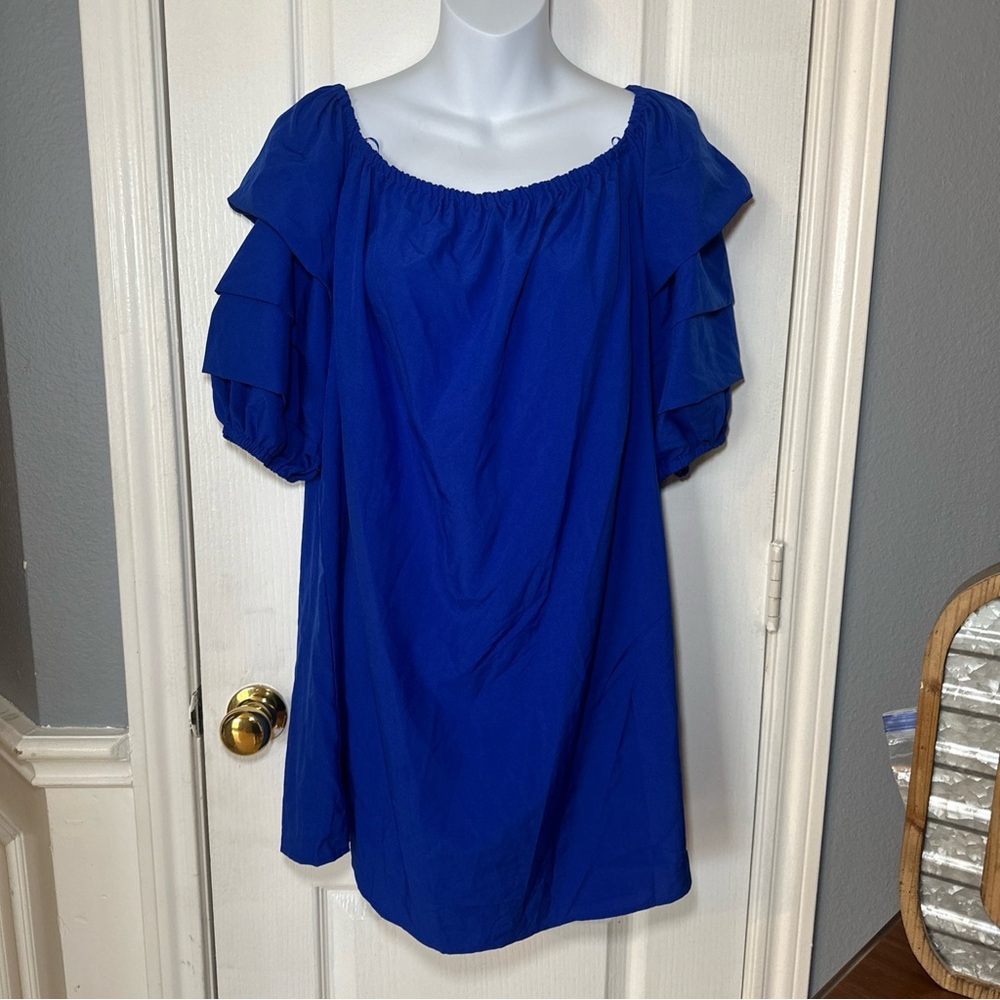 Elodie Royal Blue Off Shoulder Ruffle Tiered Sleeve Mini Shift Dress XS CTEU8151